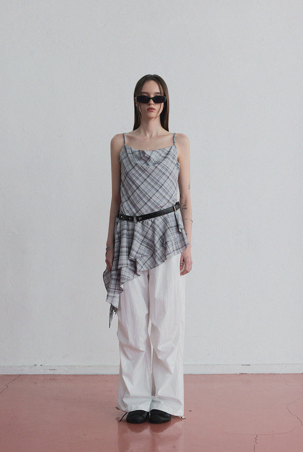 [TWEE] [GROWHIDE] Tup shirring check asymmetrical dress-1