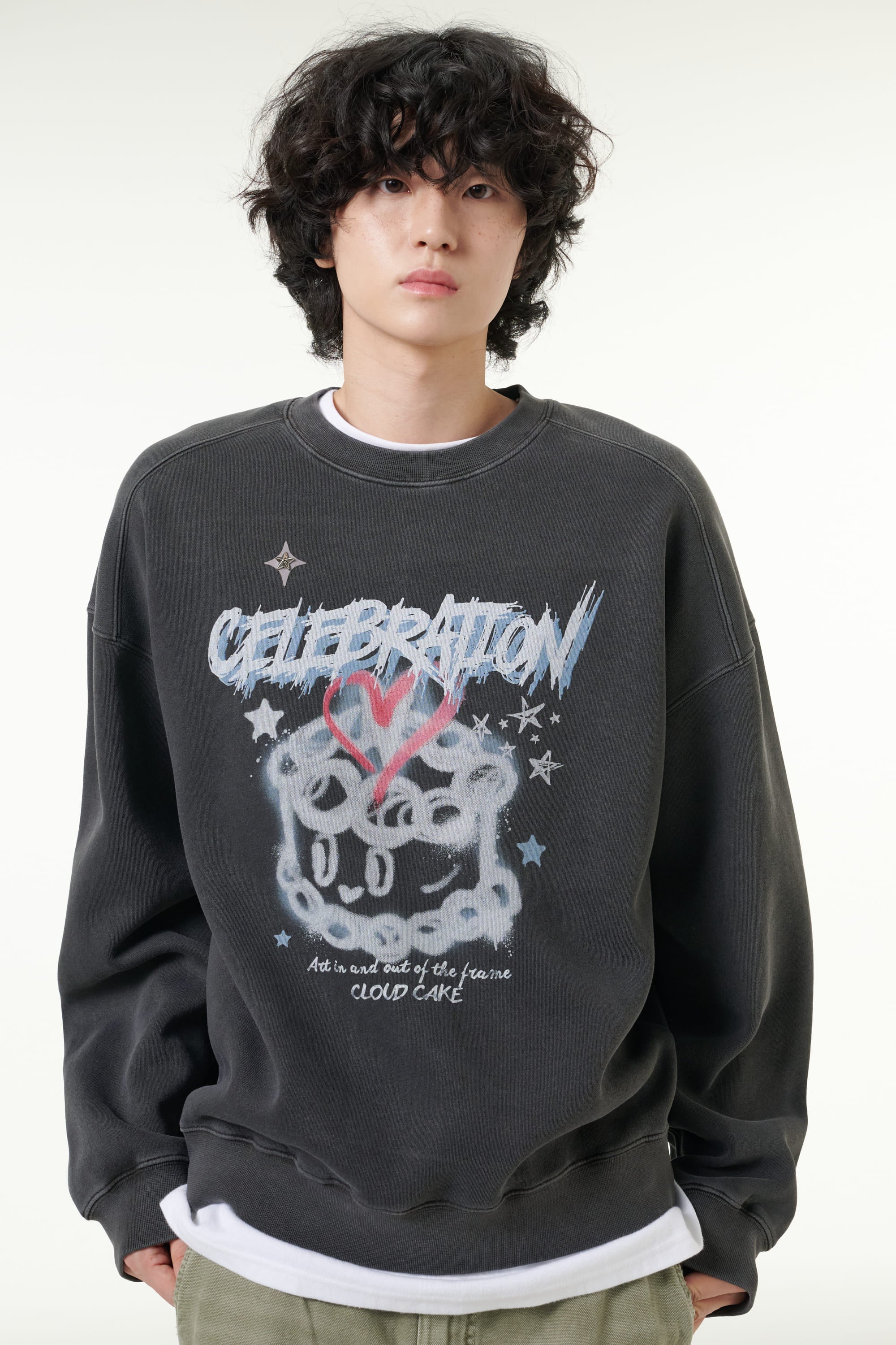 [CLOUD CAKE] Pigment Double-Layer Fabric Printed Sweatshirt Dark Gray-6