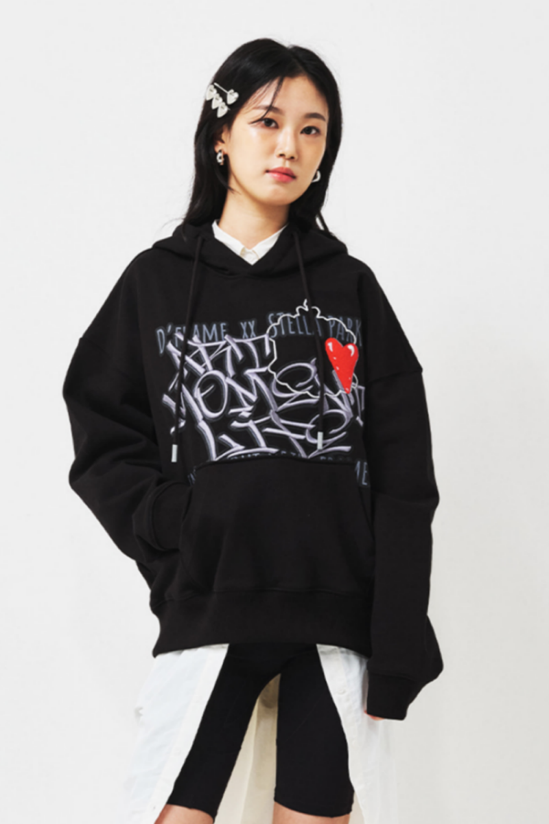 [ CLOUD CAKE ] DFRAME 3D graffiti embroidered hoodie Black-0
