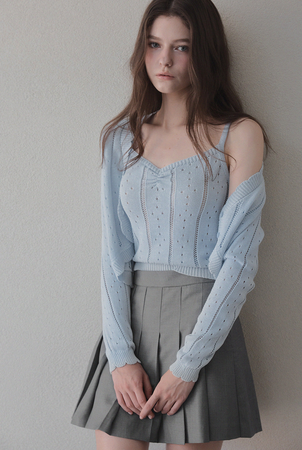 [TWEE] Zden Scatch Punching Knit Tank Cardigan Set-0