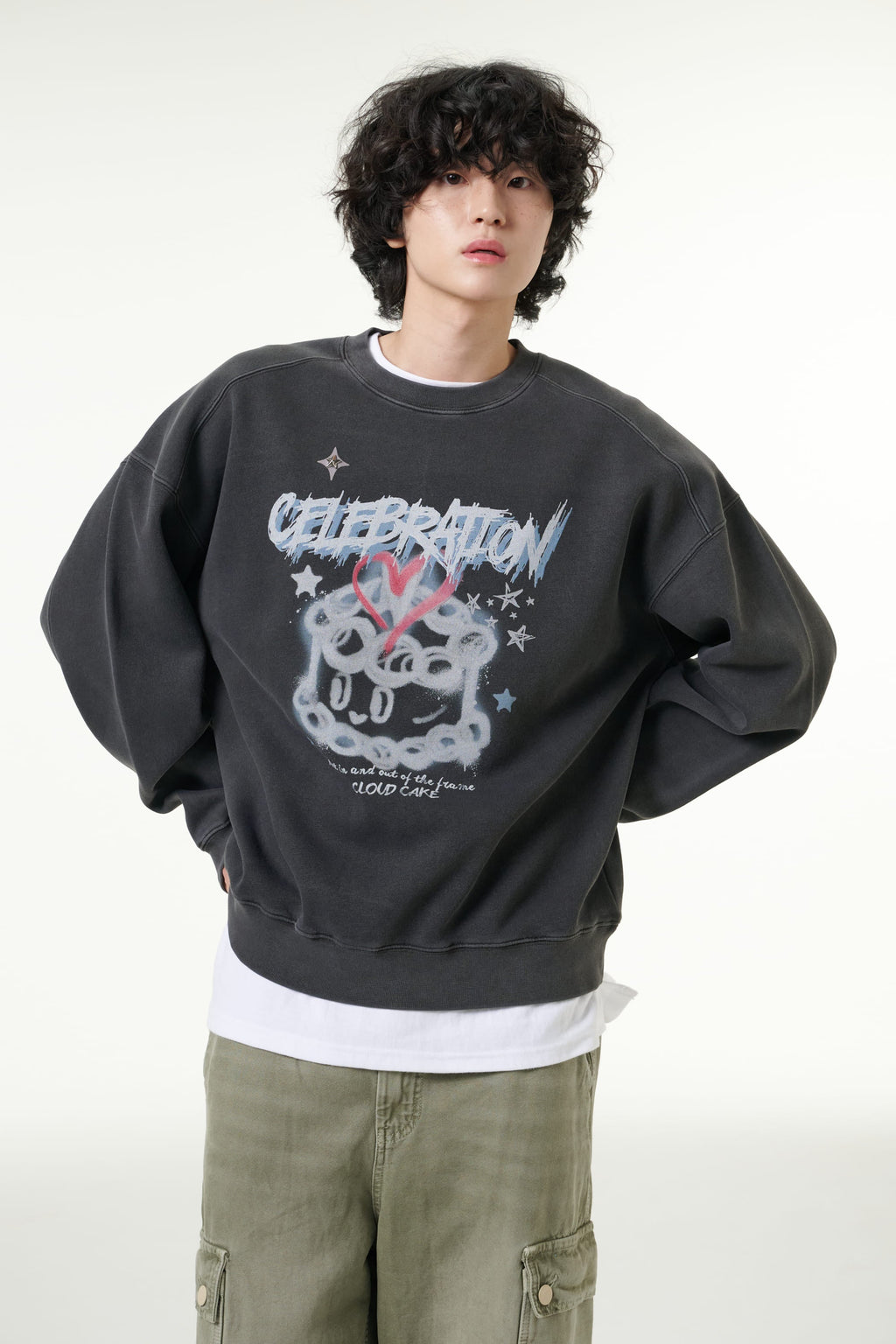 [CLOUD CAKE] Pigment Double-Layer Fabric Printed Sweatshirt Dark Gray-2