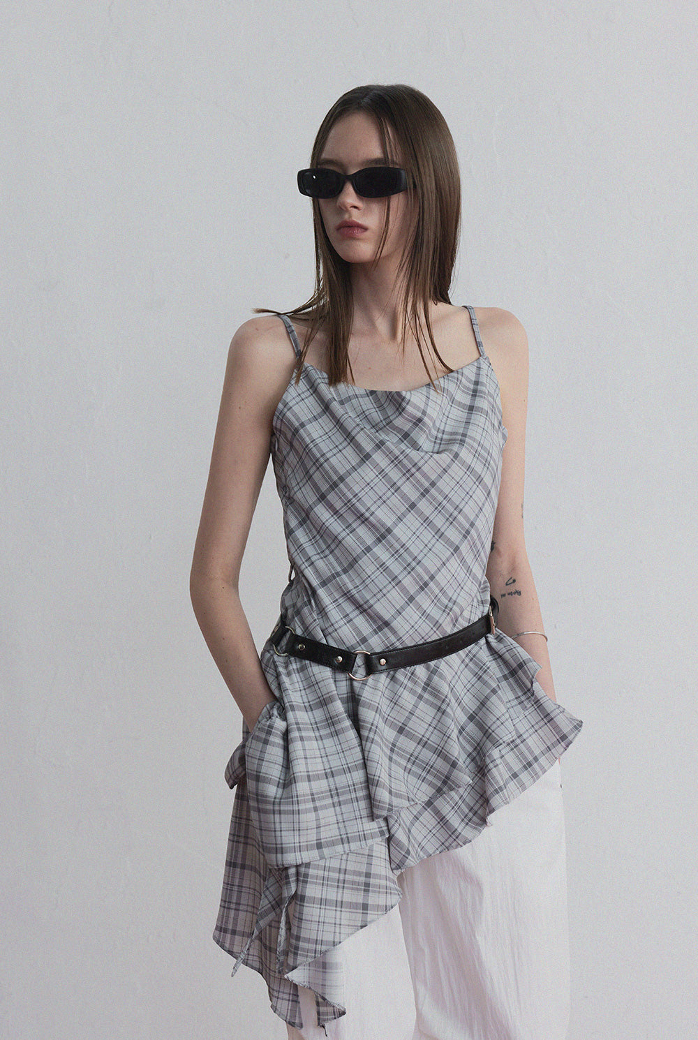 [TWEE] [GROWHIDE] Tup shirring check asymmetrical dress-5