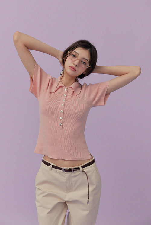 [TWEE] Etin button collar short-sleeve knit-0