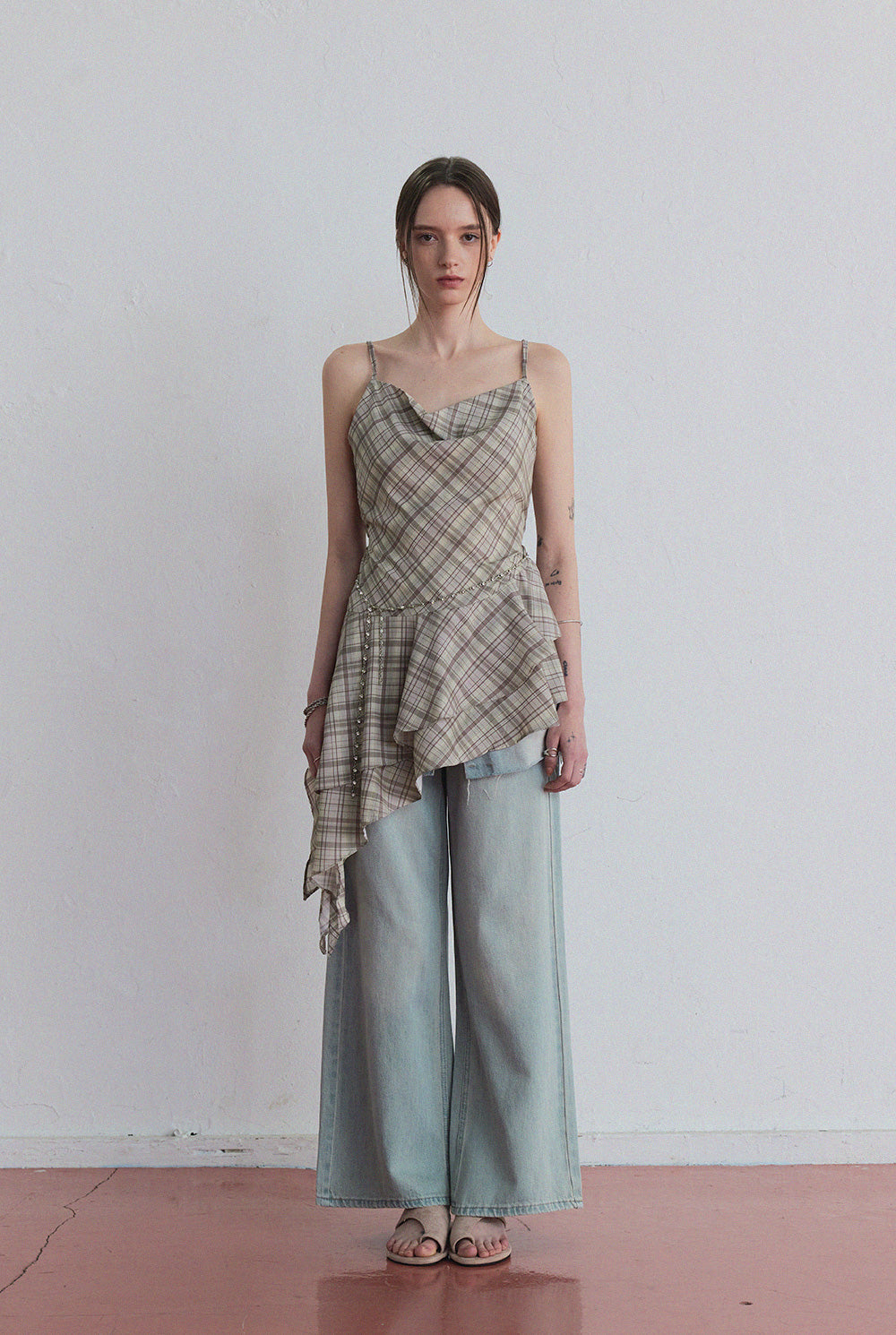 [TWEE] [GROWHIDE] Tup shirring check asymmetrical dress-0