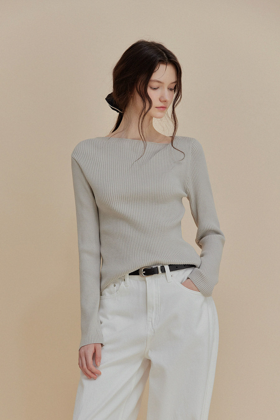 [TWEE] Tinin Asymmetric Neck Ribbed Knit-0