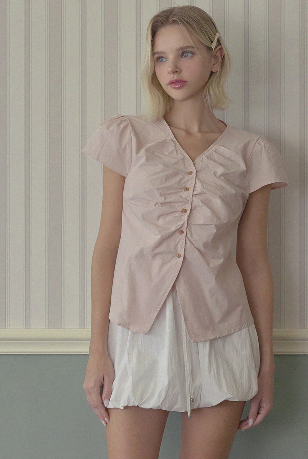 [TWEE] Witty Button Shirring Blouse-0