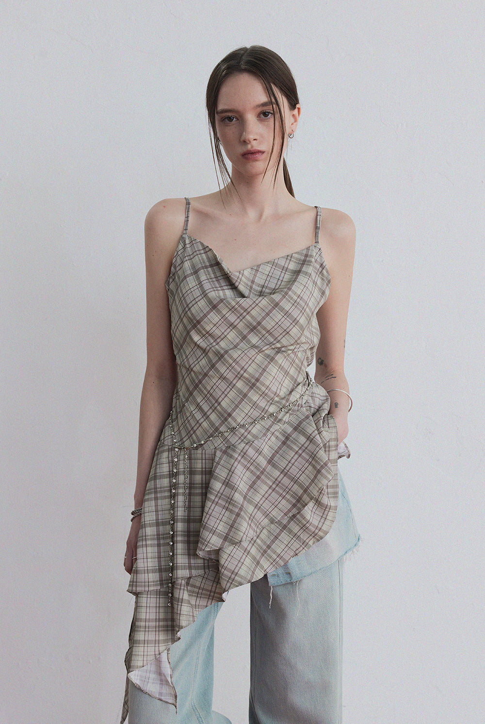 [TWEE] [GROWHIDE] Tup shirring check asymmetrical dress-6