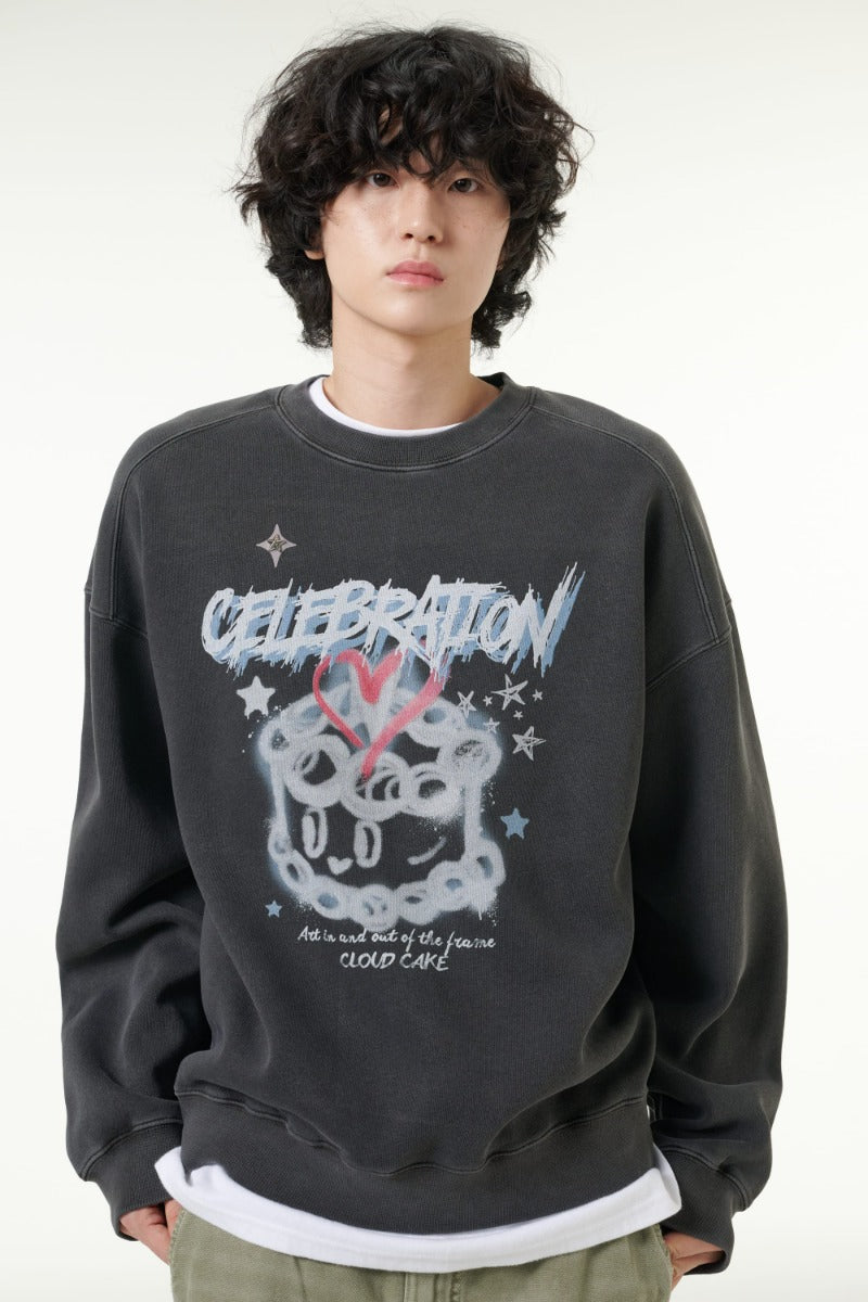 [CLOUD CAKE] Pigment Double-Layer Fabric Printed Sweatshirt Dark Gray-0