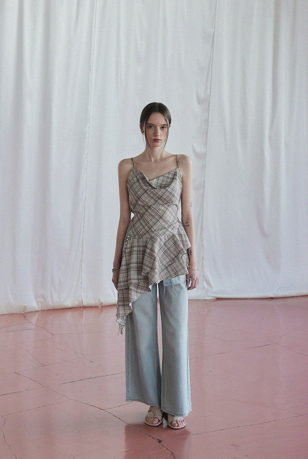 [TWEE] [GROWHIDE] Tup shirring check asymmetrical dress-3