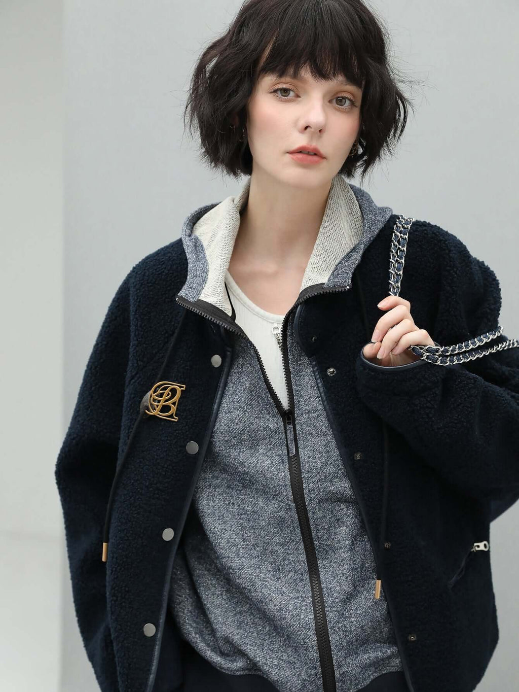 Navy Blue Stand Collar Fleece Jacket-2